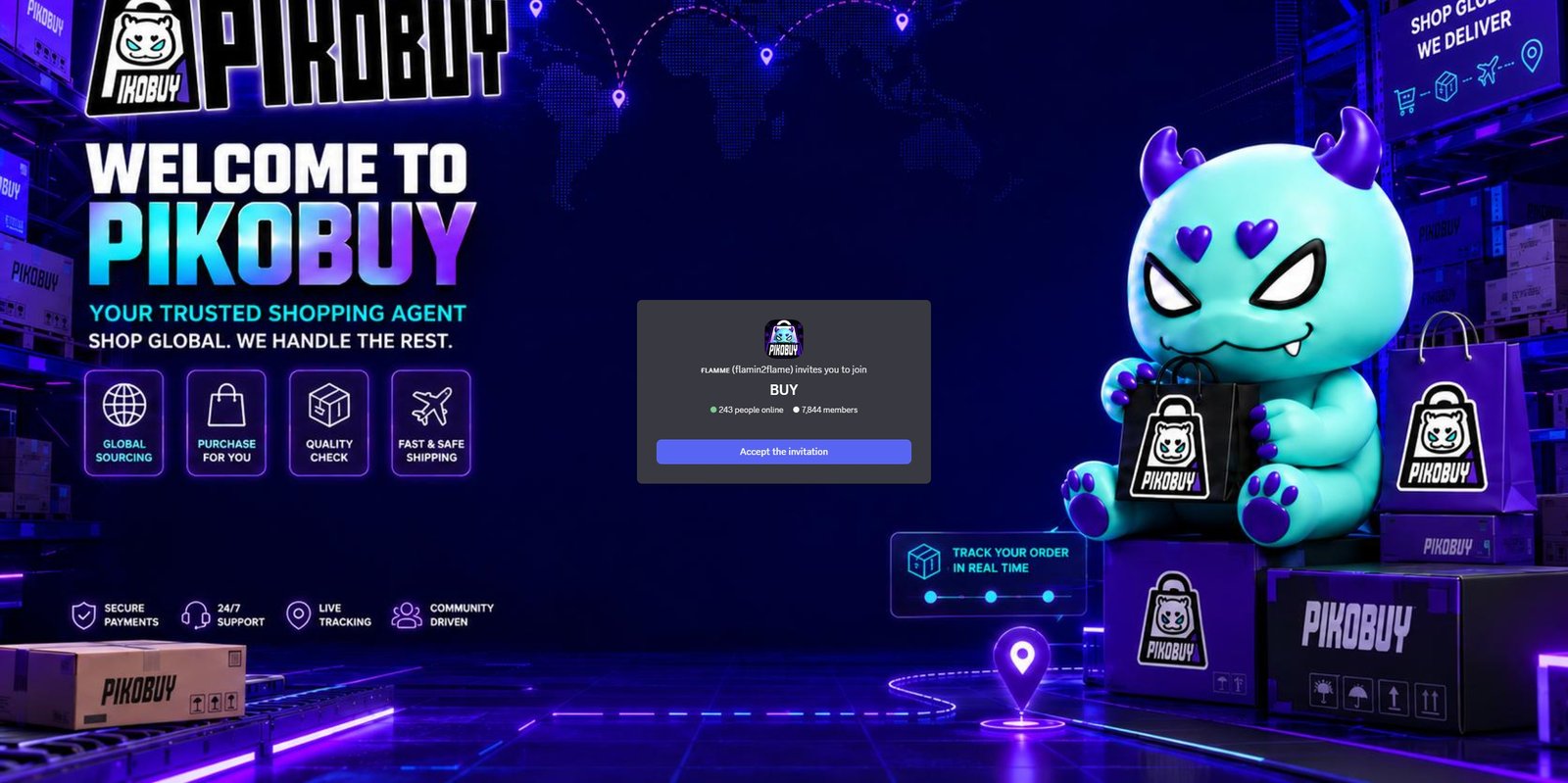 Pikobuy Discord community artwork with an invitation screen, global shopping imagery and mascot