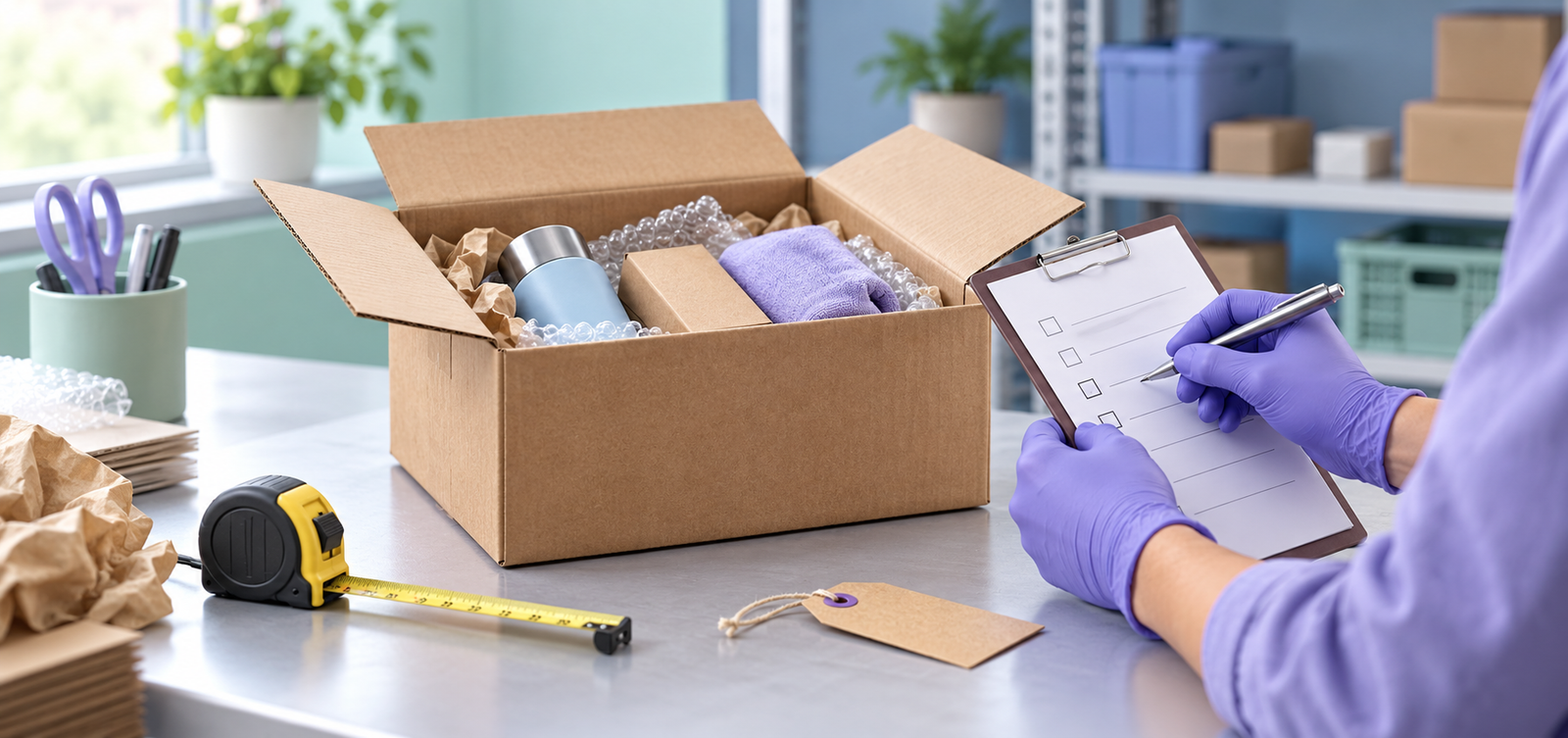Editorial illustration of a warehouse worker checking an open parcel against a packing checklist