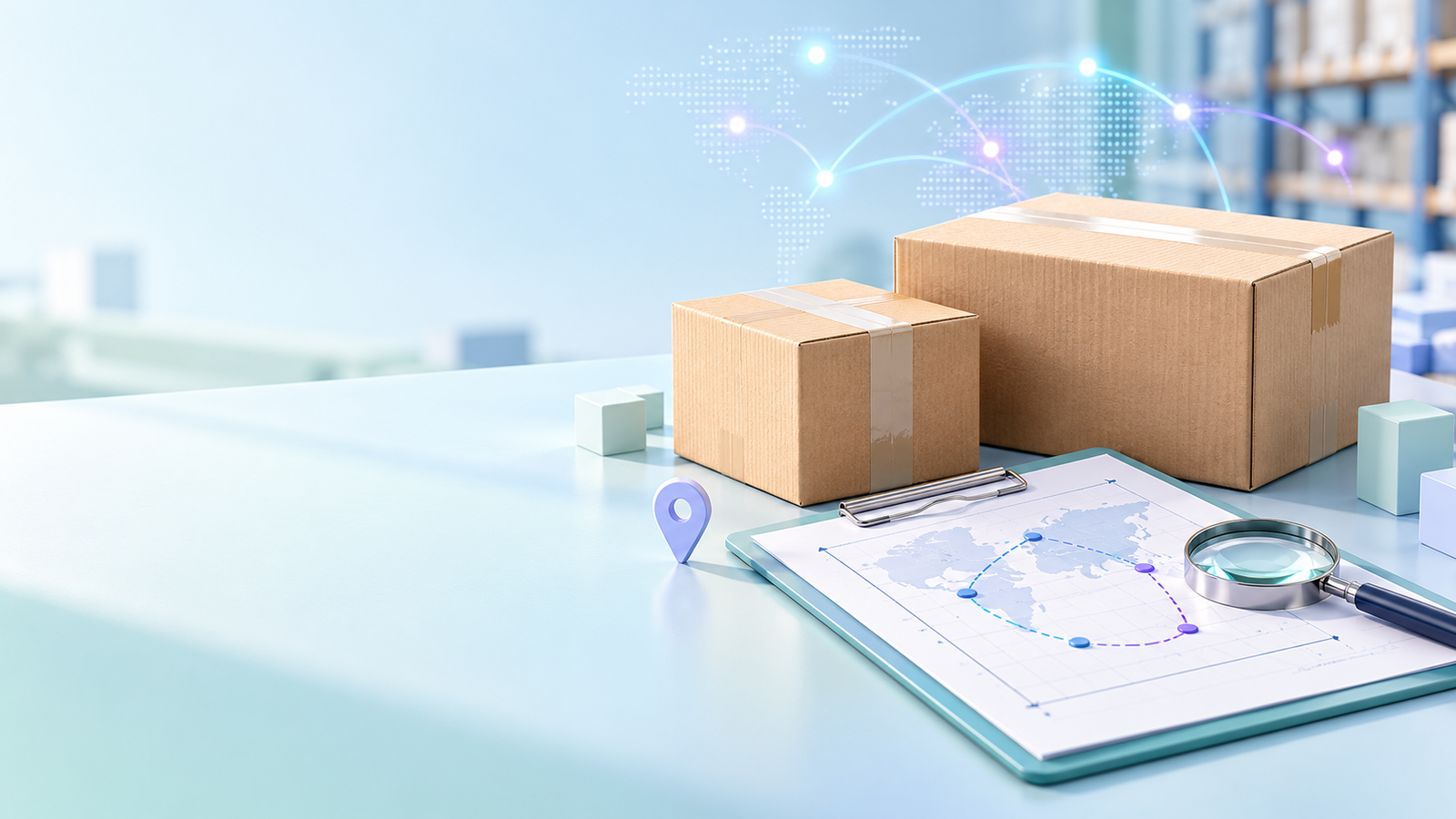 Editorial illustration of parcels, a shipping route plan and an inspection magnifier