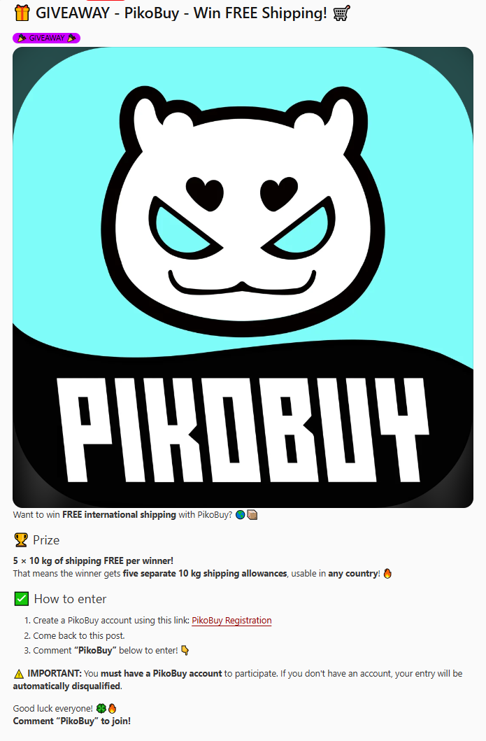 Screenshot of a Reddit giveaway post showing a PikoBuy free-shipping prize and entry steps