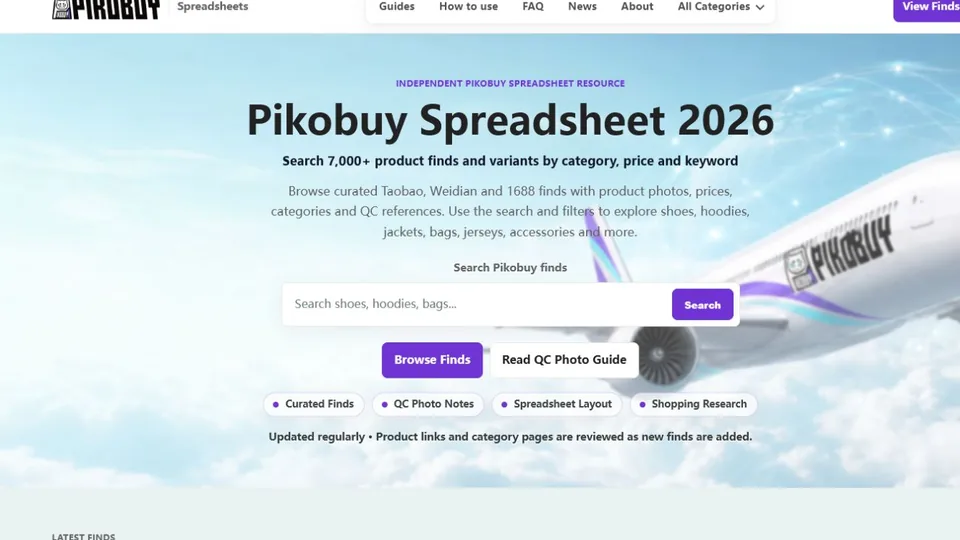 Pikobuy Spreadsheet homepage with product search, category browsing and shopping research links