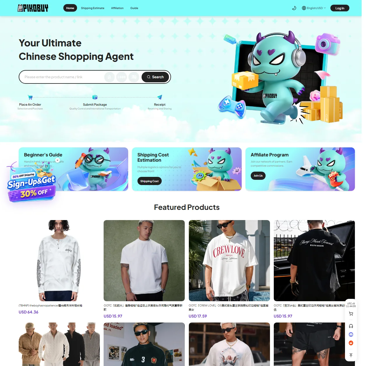 English Pikobuy homepage screenshot showing the Chinese shopping agent headline, search bar, order steps, mascot, guide cards, and featured products