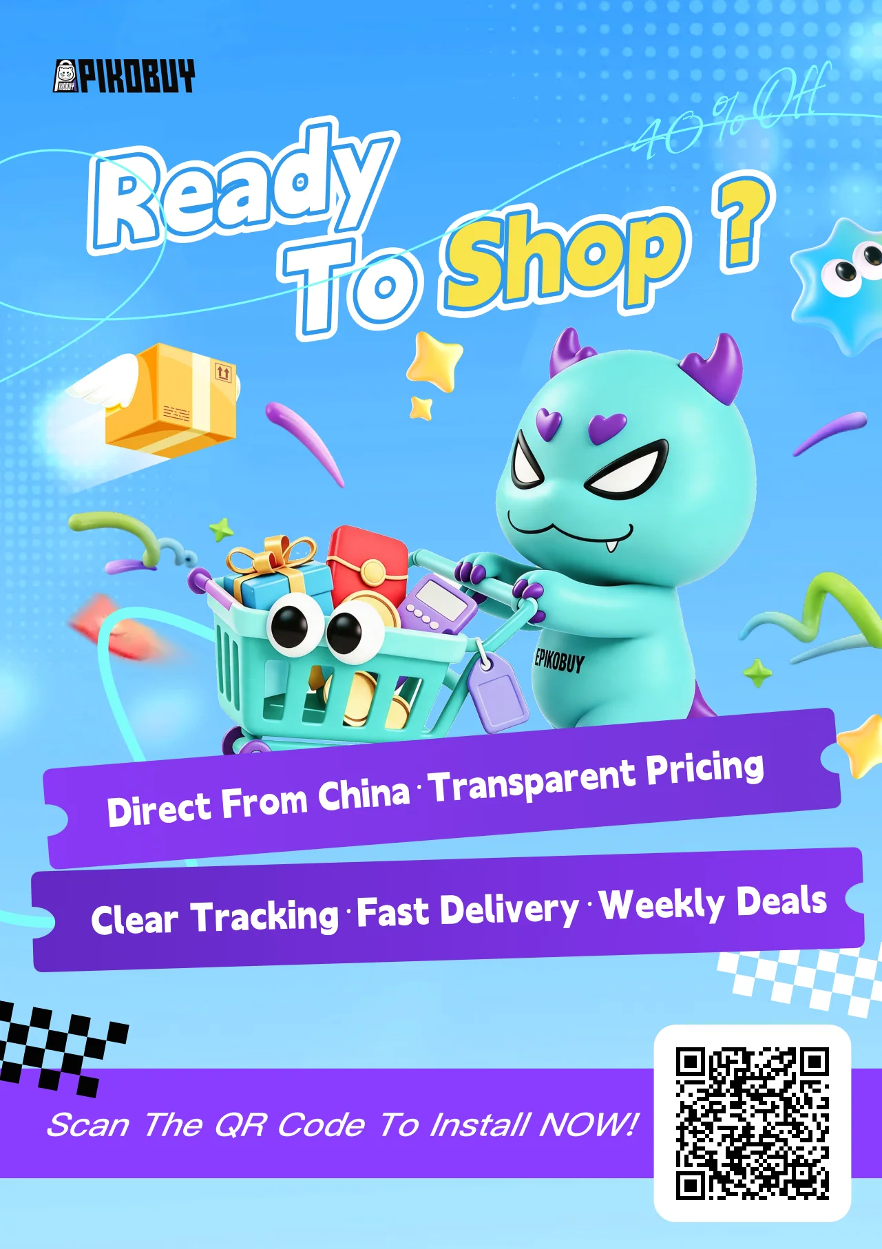 Pikobuy Ready To Shop invite poster with a mascot pushing a shopping cart, direct from China and transparent pricing text, clear tracking, fast delivery, weekly deals, and a QR code