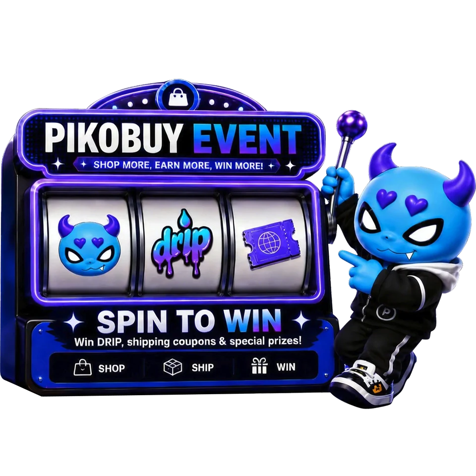 PikoBuy Lucky Draw event artwork with a slot machine and Spin to Win message