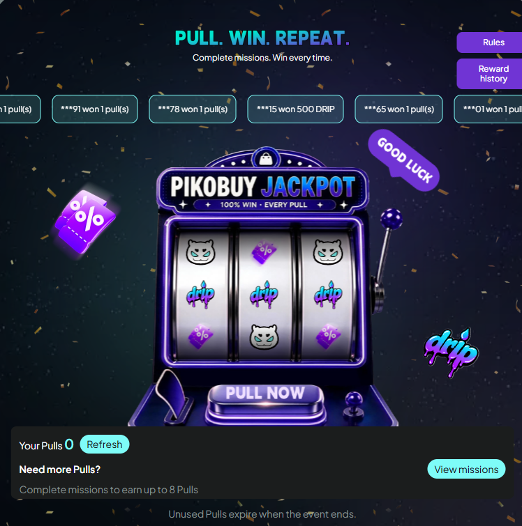PikoBuy Lucky Draw event screen with Pulls, a jackpot machine and a View Missions button