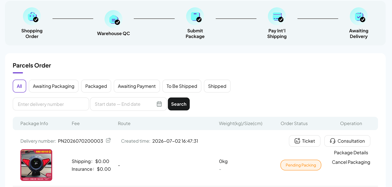 Pikobuy guide step 6 screenshot showing Wait For Parcel
