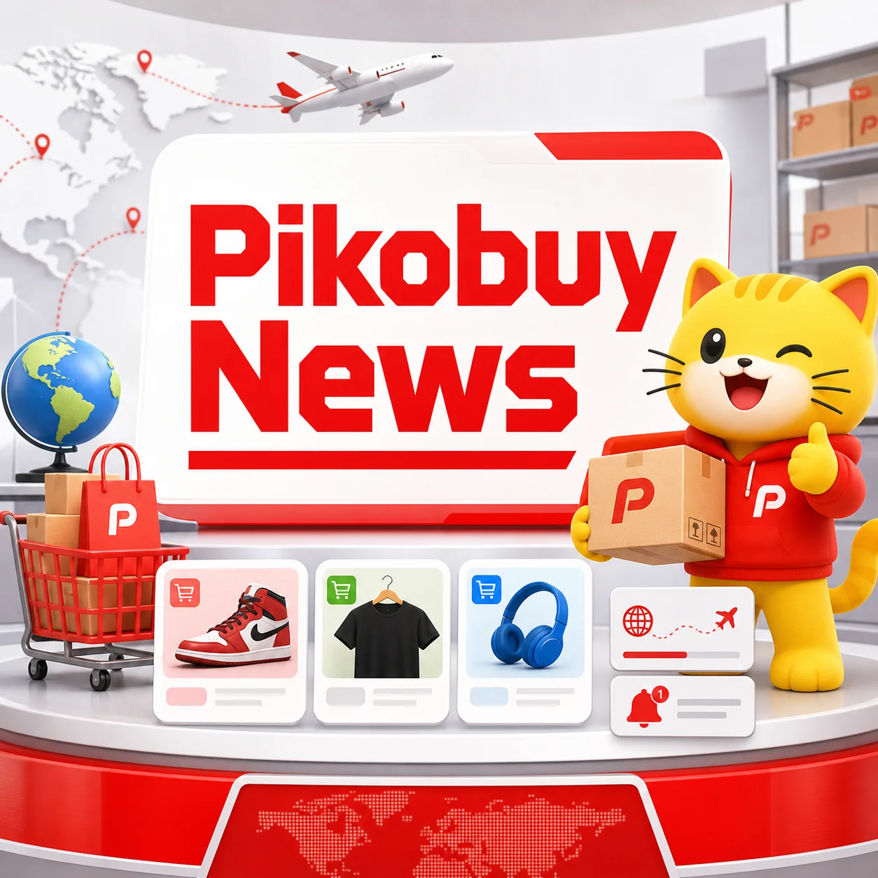 Pikobuy News cover showing a yellow mascot holding a package, product cards, global shipping icons, and the Pikobuy News title