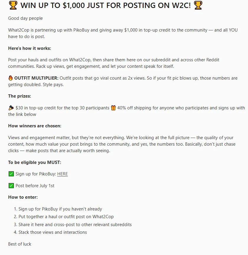 Reddit note for a What2Cop and PikoBuy event offering up to 1000 dollars in top-up credit for posting hauls and outfits on W2C